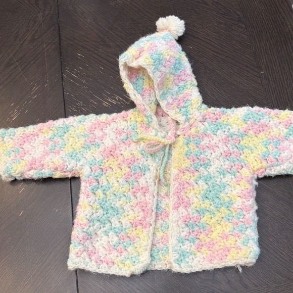 Handmade Other - Handmade Crochet Baby Cardigan Hooded Pastel Variegated Pink Blue Yellow Sweater
